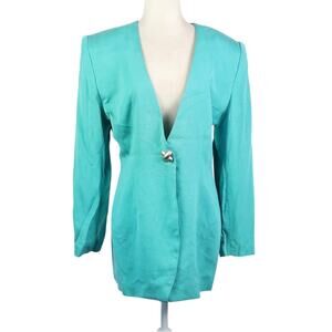 Vintage 80s Aqua Blue Silk Collarless Longline Blazer Jacket L